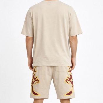 Erkek Oversize Baskılı Tişört Cepli Şort ikili Takım Kombin - Bej