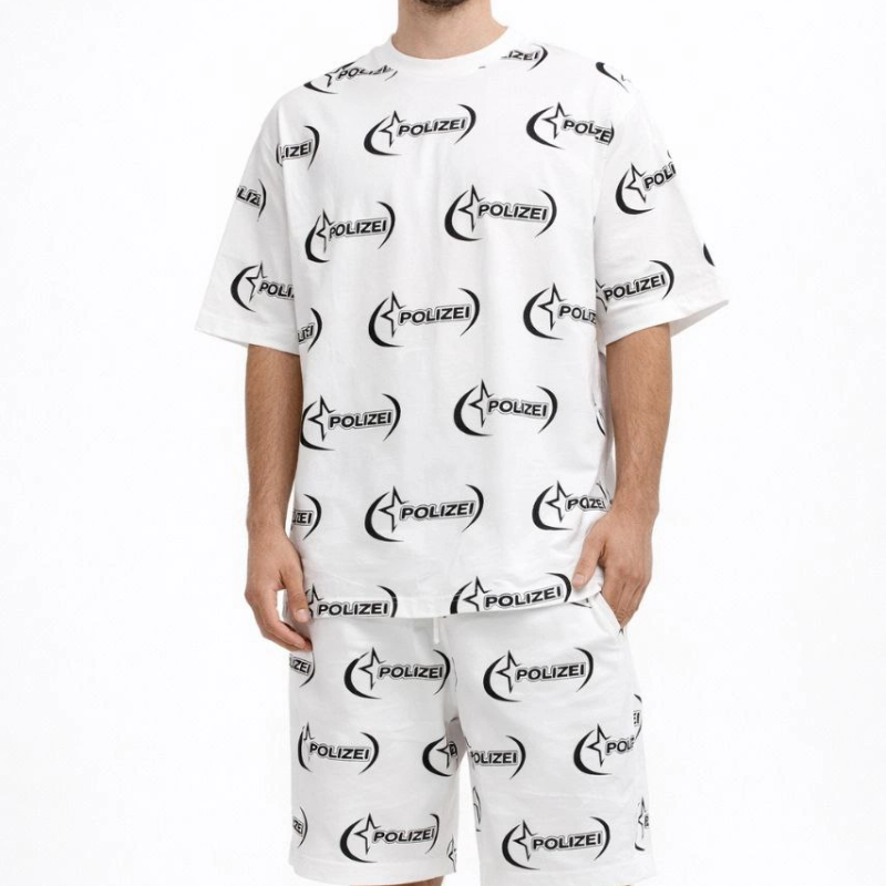 Erkek Oversize Ön ve Arka Baskılı Tişört Şort ikili Takım Kombin - Beyaz