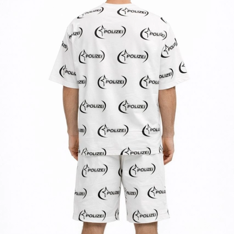 Erkek Oversize Ön ve Arka Baskılı Tişört Şort ikili Takım Kombin - Beyaz