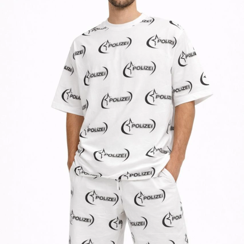 Erkek Oversize Ön ve Arka Baskılı Tişört Şort ikili Takım Kombin - Beyaz