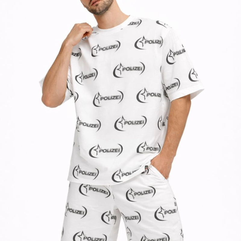 Erkek Oversize Ön ve Arka Baskılı Tişört Şort ikili Takım Kombin - Beyaz