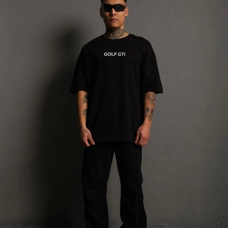 Erkek Oversize Tişört Golf GTI Retro Araba Baskılı T-shirt - Siyah