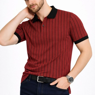 Erkek Polo Yaka Çizgili Tişört Kısa Kol Düğmeli Yazlık T-Shirt - Bordo