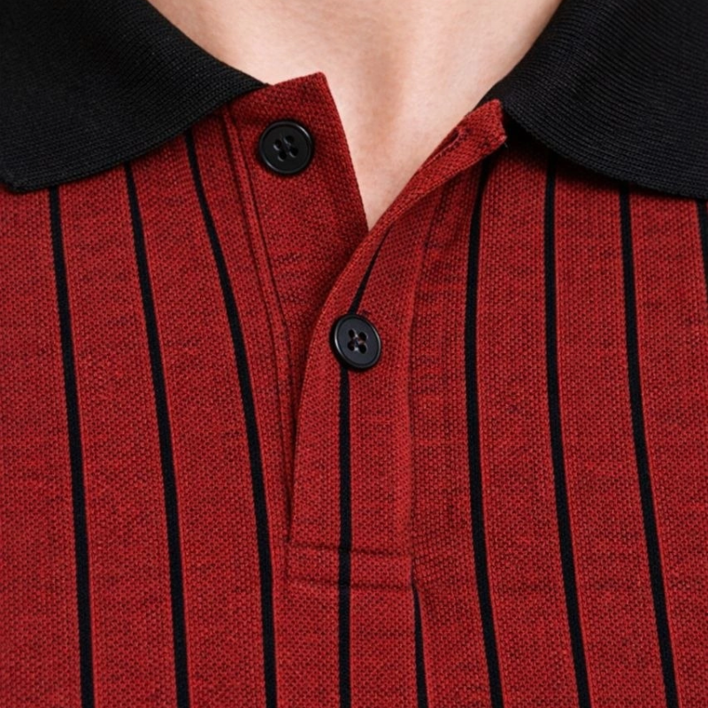 Erkek Polo Yaka Çizgili Tişört Kısa Kol Düğmeli Yazlık T-Shirt - Bordo