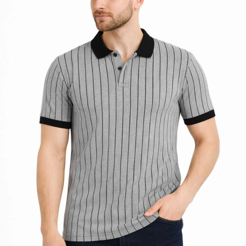 Erkek Polo Yaka Çizgili Tişört Kısa Kol Düğmeli Yazlık T-Shirt - Gri