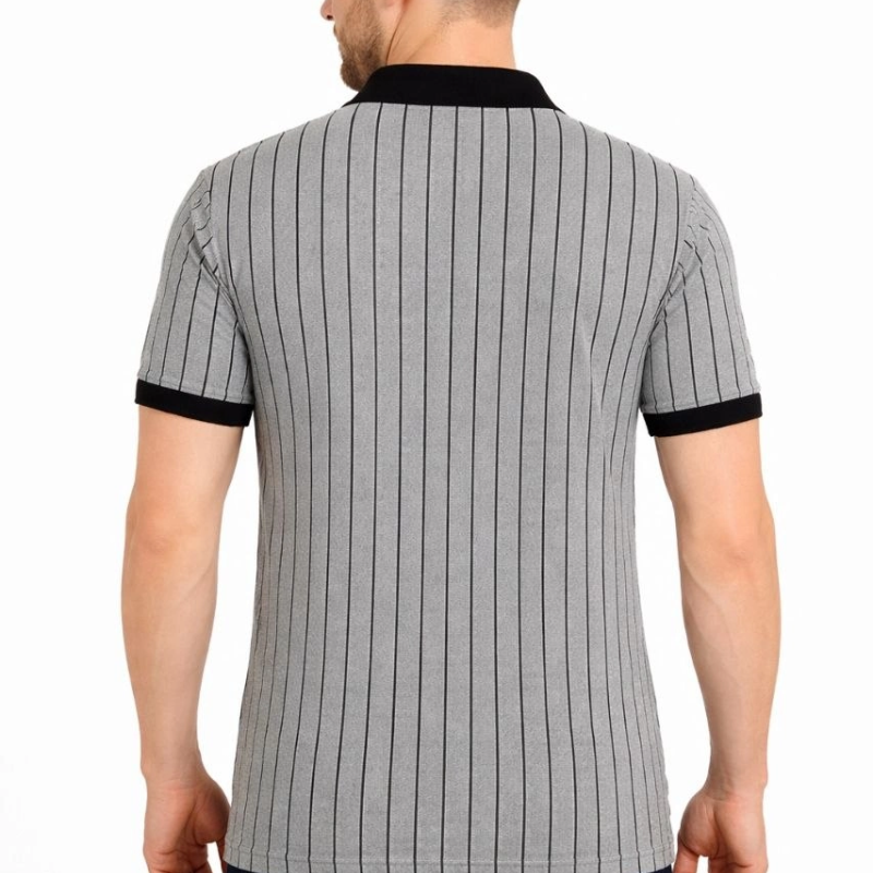 Erkek Polo Yaka Çizgili Tişört Kısa Kol Düğmeli Yazlık T-Shirt - Gri