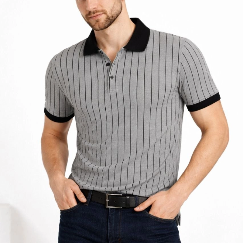 Erkek Polo Yaka Çizgili Tişört Kısa Kol Düğmeli Yazlık T-Shirt - Gri