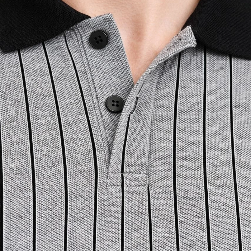 Erkek Polo Yaka Çizgili Tişört Kısa Kol Düğmeli Yazlık T-Shirt - Gri