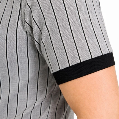 Erkek Polo Yaka Çizgili Tişört Kısa Kol Düğmeli Yazlık T-Shirt - Gri