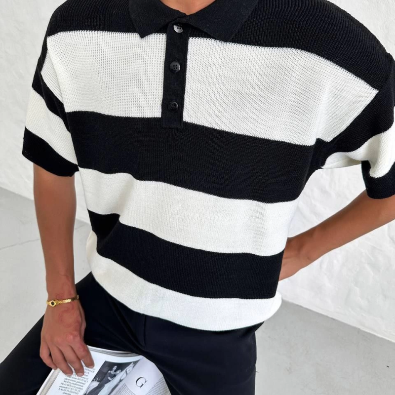 Erkek Polo Yaka Düğmeli Triko T-Shirt - Siyah