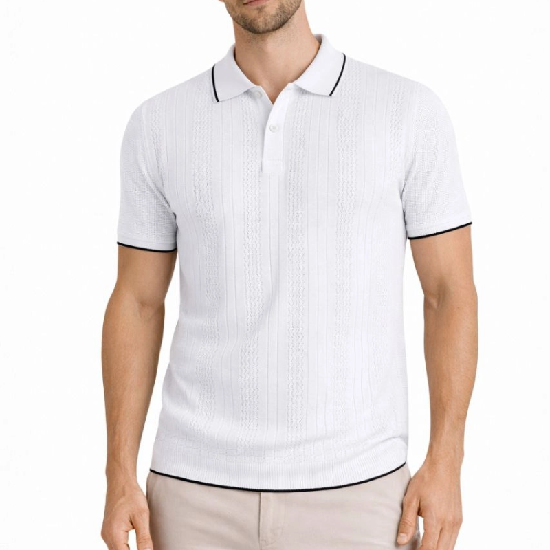 Erkek Polo Yaka Düğmeli Triko Tişört Yazlık Dokuma Regular Fit T-Shirt - Beyaz