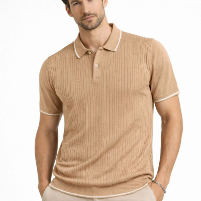 Erkek Polo Yaka Düğmeli Triko Tişört Yazlık Dokuma Regular Fit T-Shirt - Kahverengi