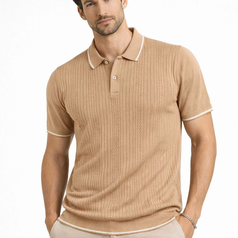 Erkek Polo Yaka Düğmeli Triko Tişört Yazlık Dokuma Regular Fit T-Shirt - Kahverengi