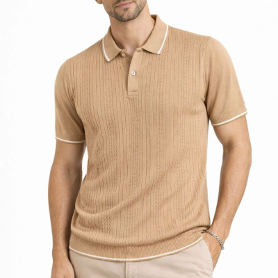 Erkek Polo Yaka Düğmeli Triko Tişört Yazlık Dokuma Regular Fit T-Shirt - Kahverengi