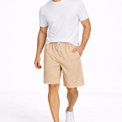 Erkek Pötikareli Şort – Beli Lastikli Bağcıklı, Cepli, Yazlık Şort - Bej