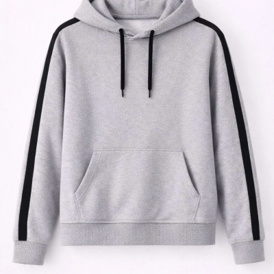 Erkek Şeritli Kapüşonlu Sweatshirt Oversize 3 iplik Pamuklu - Gri