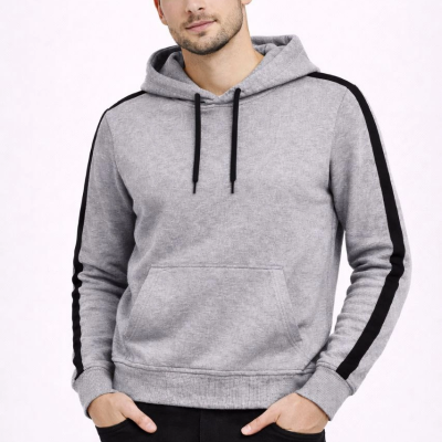 Erkek Şeritli Kapüşonlu Sweatshirt Oversize 3 iplik Pamuklu - Gri