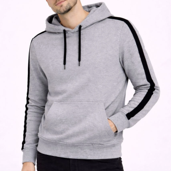 Erkek Şeritli Kapüşonlu Sweatshirt Oversize 3 iplik Pamuklu - Gri