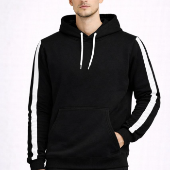 Erkek Şeritli Kapüşonlu Sweatshirt Oversize 3 iplik Pamuklu Hoodie - Siyah