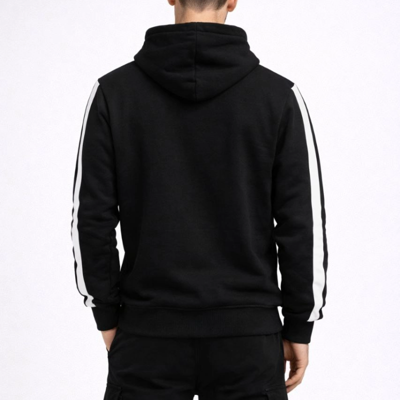 Erkek Şeritli Kapüşonlu Sweatshirt Oversize 3 iplik Pamuklu Hoodie - Siyah