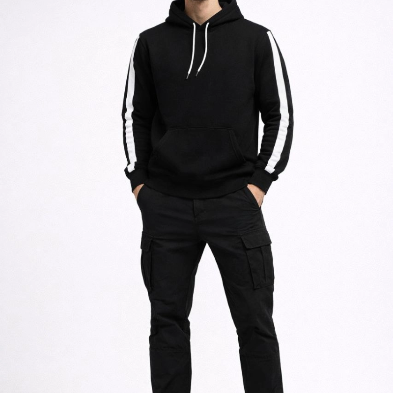 Erkek Şeritli Kapüşonlu Sweatshirt Oversize 3 iplik Pamuklu Hoodie - Siyah