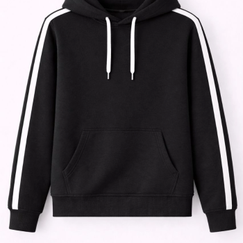 Erkek Şeritli Kapüşonlu Sweatshirt Oversize 3 iplik Pamuklu - Siyah