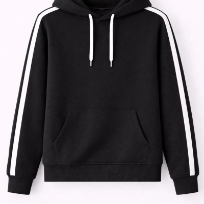 Erkek Şeritli Kapüşonlu Sweatshirt Oversize 3 iplik Pamuklu - Siyah