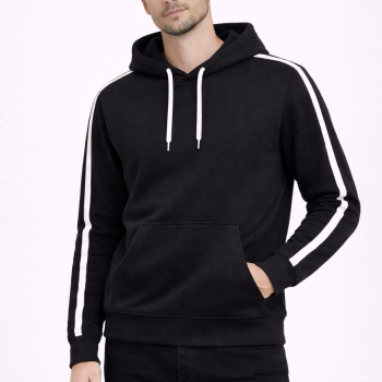 Erkek Şeritli Kapüşonlu Sweatshirt Oversize 3 iplik Pamuklu - Siyah