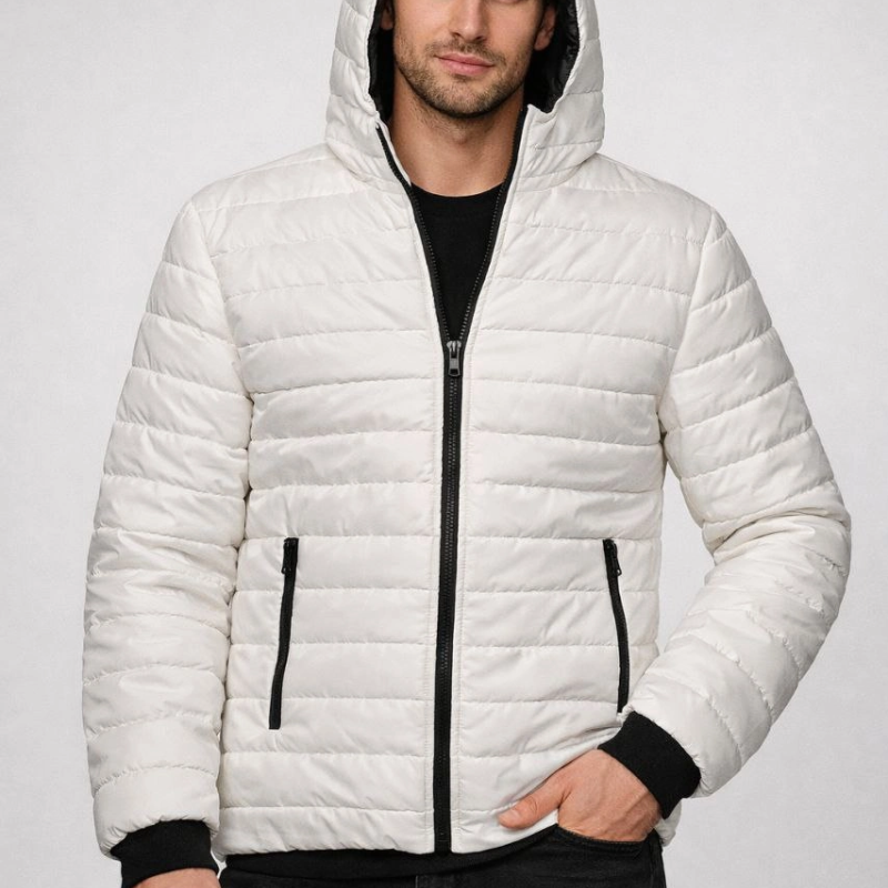 ERKEK Şişme Kapüşonlu Fermuarlı Mont Su İtici Kapitone Cepli Ceket - Krem