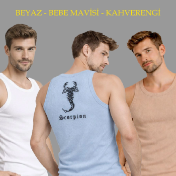 Erkek Spor Fitilli Kaşkorse Arka Basklı Atlet 3'lü Set Beyaz-Bebek Mavisi-Kahverengi