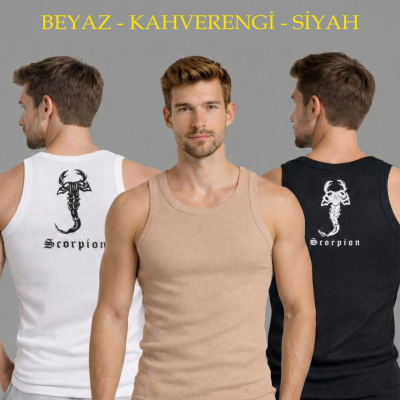 Erkek Spor Fitilli Kaşkorse Arka Basklı Atlet 3'lü Set Beyaz-Siyah-Kahverengi