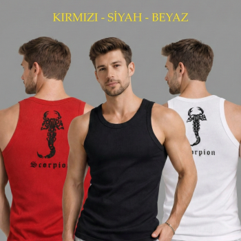 Erkek Spor Fitilli Kaşkorse Arka Basklı Atlet 3'lü Set Kırmızı-Siyah-Beyaz