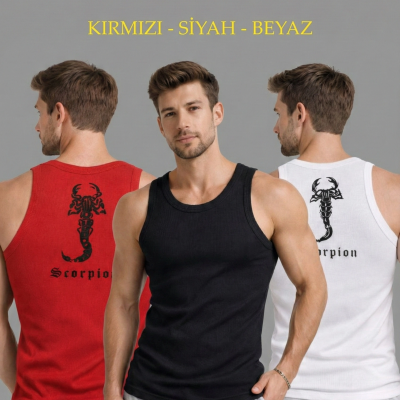 Erkek Spor Fitilli Kaşkorse Arka Basklı Atlet 3'lü Set Kırmızı-Siyah-Beyaz