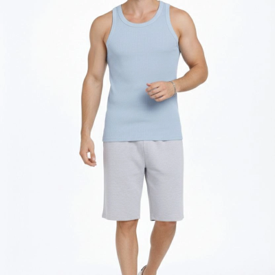 Erkek Spor Slimfit Fitilli Kaşkorse Arka Basklı Atlet 2'li Set Kahverengi-Bebek Mavisi