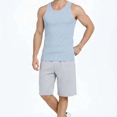 Erkek Spor Slimfit Fitilli Kaşkorse Arka Basklı Atlet 2'li Set Kahverengi-Bebek Mavisi