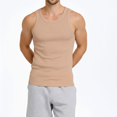 Erkek Spor Slimfit Fitilli Kaşkorse Arka Basklı Atlet 2'li Set Kahverengi-Beyaz