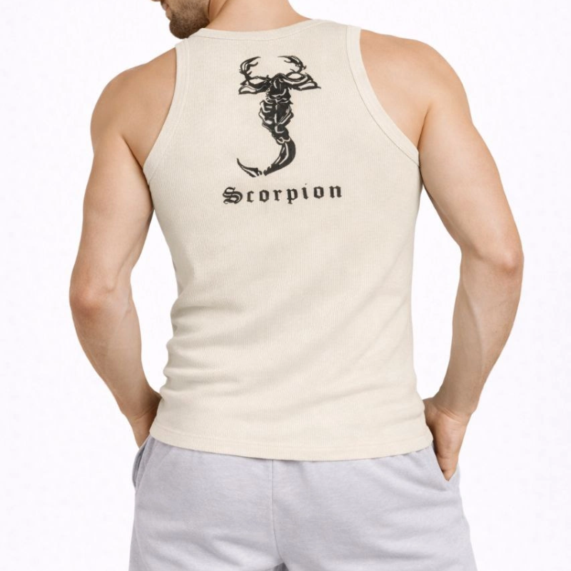 Erkek Spor Slimfit Fitilli Kaşkorse Arka Basklı Atlet 2'li Set Siyah-Bej