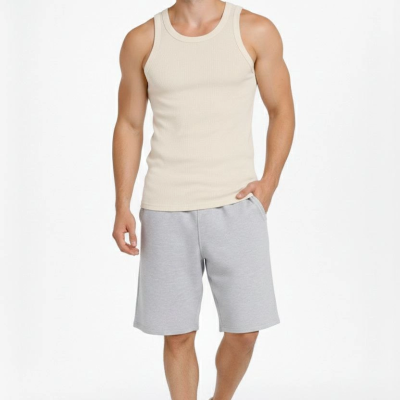 Erkek Spor Slimfit Fitilli Kaşkorse Arka Basklı Atlet 2'li Set Siyah-Bej