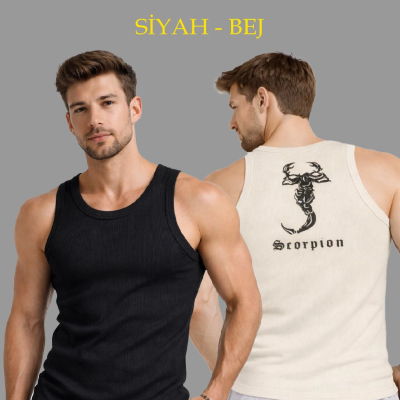 Erkek Spor Slimfit Fitilli Kaşkorse Arka Basklı Atlet 2'li Set Siyah-Bej