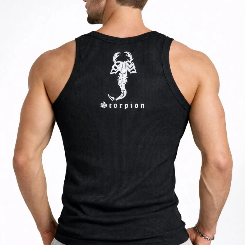 Erkek Spor Slimfit Fitilli Kaşkorse Arka Basklı Atlet 2'li Set Siyah-Bej