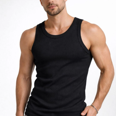 Erkek Spor Slimfit Fitilli Kaşkorse Arka Basklı Atlet 2'li Set Siyah-Bej