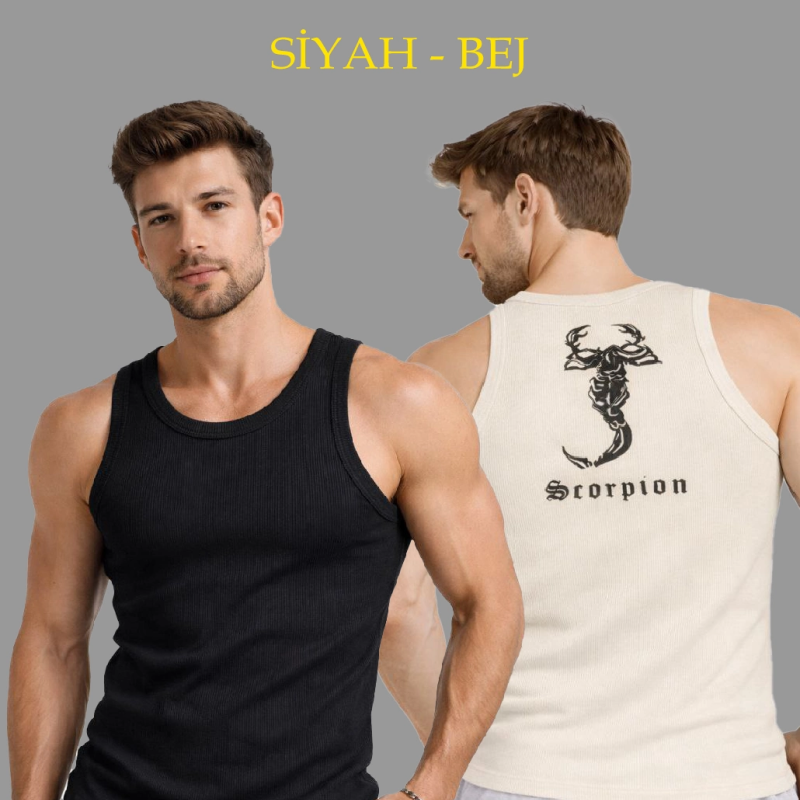 Erkek Spor Slimfit Fitilli Kaşkorse Arka Basklı Atlet 2'li Set Siyah-Bej