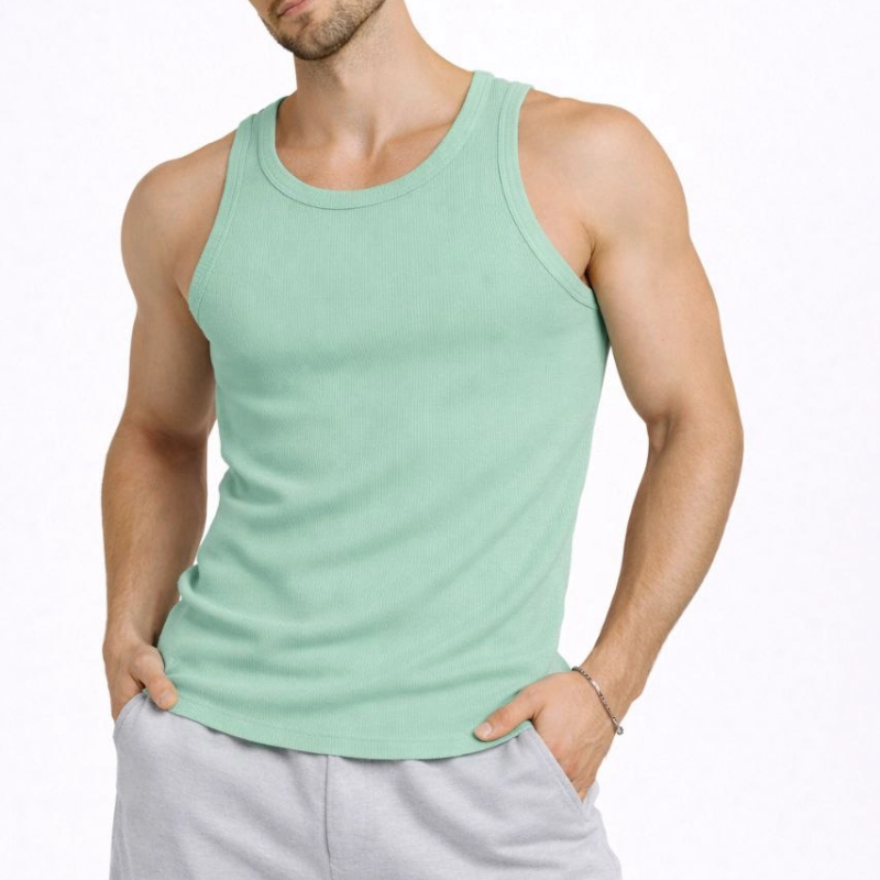 Erkek Spor Slimfit Fitilli Kaşkorse Arka Basklı Atlet 2'li Set Siyah-Mint Yeşili