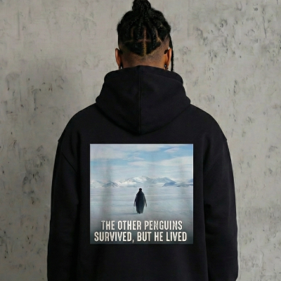 Erkek Survivor Penguin Baskılı 3 İplik Pamuklu Kapüşonlu Sweatshirt Hoodie Siyah