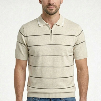 Erkek T-shirt Çizgili Kısa kol Triko Kumaş Polo Yaka Yarım Fermuarlı Tişört - Bej