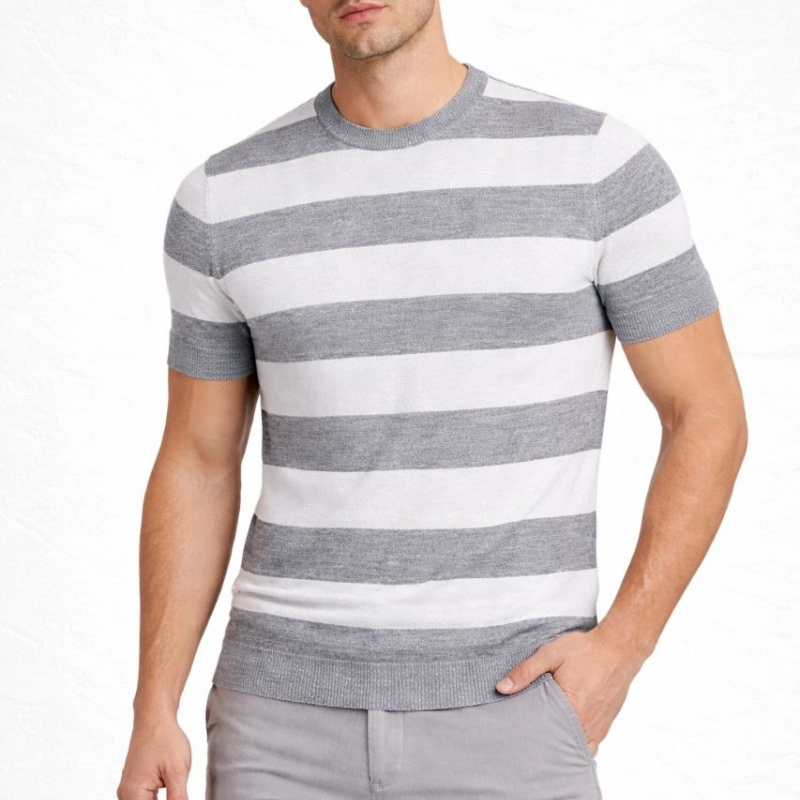 Erkek T-shirt Çizgili Kısa Kol Yazlık Triko Dokuma Bisiklet Yaka Tişört - Gri