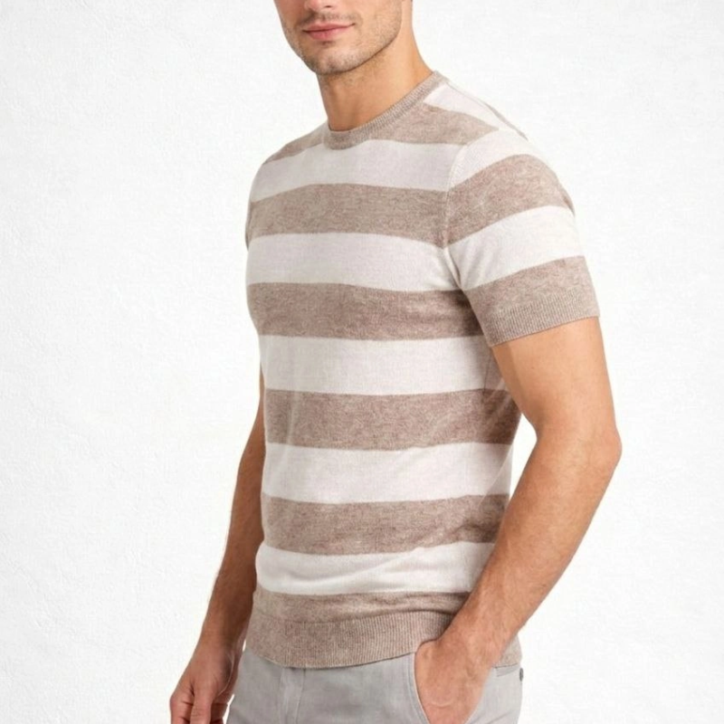 Erkek T-shirt Çizgili Triko  Kısa Kol Yazlık Dokuma Bisiklet Yaka Tişört - Bej