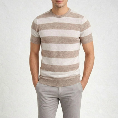 Erkek T-shirt Çizgili Triko  Kısa Kol Yazlık Dokuma Bisiklet Yaka Tişört - Bej