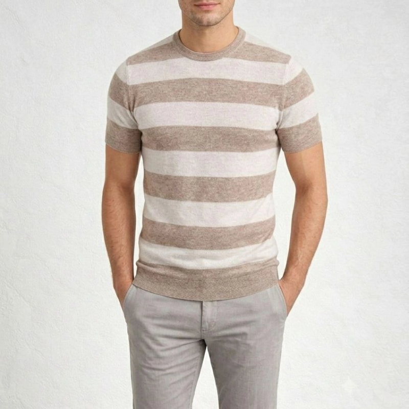Erkek T-shirt Çizgili Triko  Kısa Kol Yazlık Dokuma Bisiklet Yaka Tişört - Bej