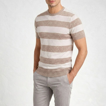 Erkek T-shirt Çizgili Triko  Kısa Kol Yazlık Dokuma Bisiklet Yaka Tişört - Bej